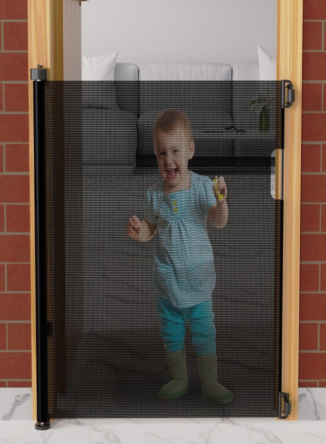 Cherilo بوابة أمان شيريلو للأطفال | بوابة أمان قابلة للسحب للأطفال للأبواب والسلالم | بوابة شبكية قابلة للتمديد للأطفال حتى 150 سم | حاجز سياج للحيوانات الأليفة والأطفال | أسود - Image 1